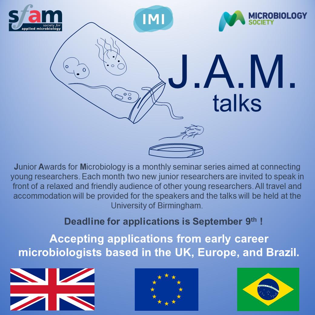 GEMcCallum's tweet photo. REMINDER - Applications for JAM talks 2019/2020 are open! @JAM_talks
We are accepting applications from early career microbiologists based in the UK 🇬🇧, Europe 🇪🇺, and Brazil 🇧🇷.
Apply here: https://t.co/RoUePGjutr
🦠🧫
#phdchat #ECRchat #microbiology #JAMtalks https://t.co/PVA5w9sVmn