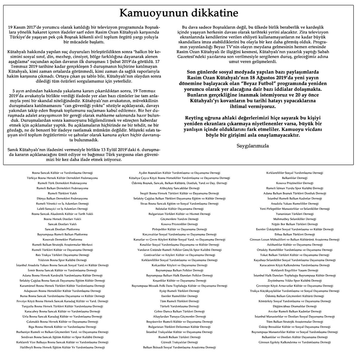 muhammed_sncktr's tweet photo. Rasim Ozan Kütahyalı'nın yeniden ekrana çıkmasına karşı yayınladığımız bildiriye destek çığ gibi büyüyor. Bugün itibariyle tam 104 sivil toplum örgütü bu haklı mücadelede bir araya geldi. Bu meselenin Türkiye'nin birlik ve beraberliği adına öneminin farkında olan herkese teşekkür https://t.co/mykhL8Aivh