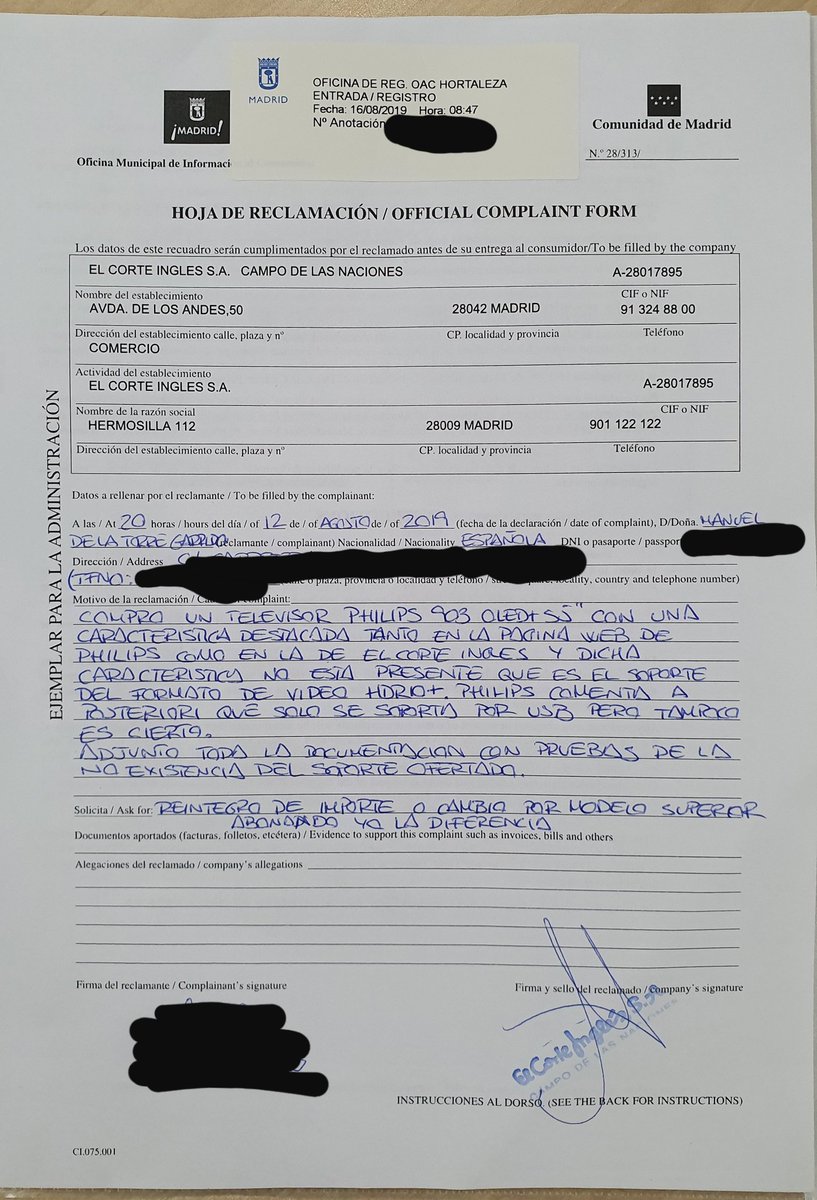absolutlito's tweet photo. @elcorteinglesac @elcorteingles @PhilipsSpain desde mayo llevo reclamando que me habéis vendido una tele que no tiene una característica que anunciais a bombo y platillo, HDR10+ en la OLED 903. Hoy he registrado la reclamación en la comunidad de Madrid. Llegaré hasta el final https://t.co/hZgZQ7IDmc