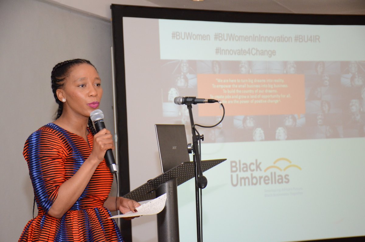 sblackumbrellas's tweet photo. Now: Marilyn Radebe reflecting on her entrepreneurial journey in the IT industry #BUWomen #BUWomenInInnovation #BU4IR #Innovate4Change https://t.co/ZLgNkIttIM