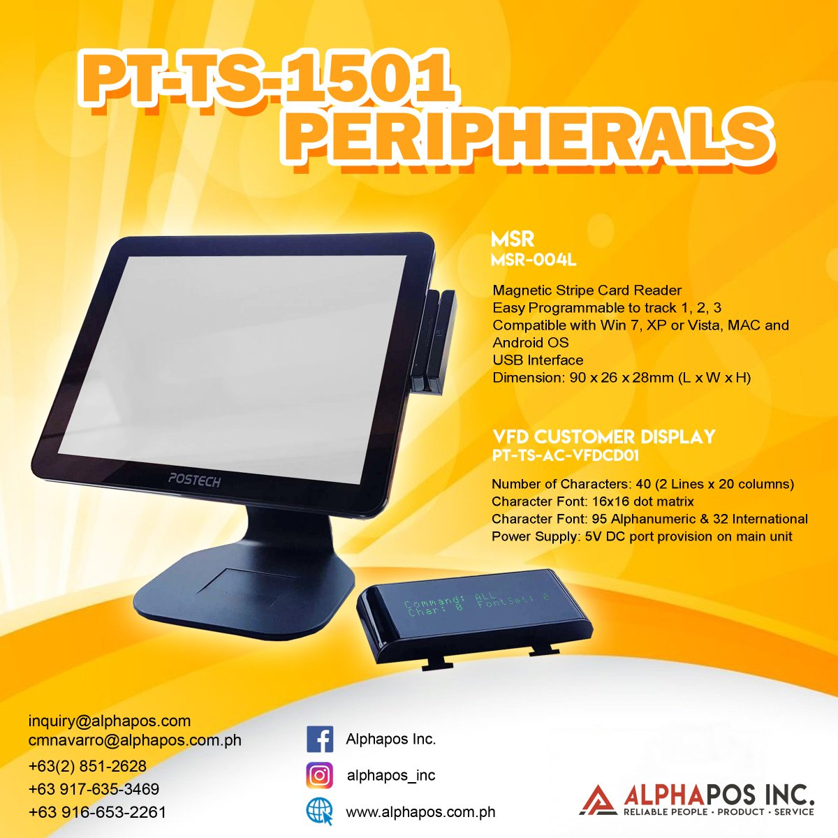 alphapos_inc's tweet photo. For more details, contact us at:

inquiry@alphapos.com.ph
+63(2) 851-2628
+63 917-635-3469
+63 933-824-3259

#AlphaposInc #Postech #TouchMonitor #WeMakeSure #Peripherals #MSR #VFDcustomerDisplay https://t.co/7wKak3Ef1n