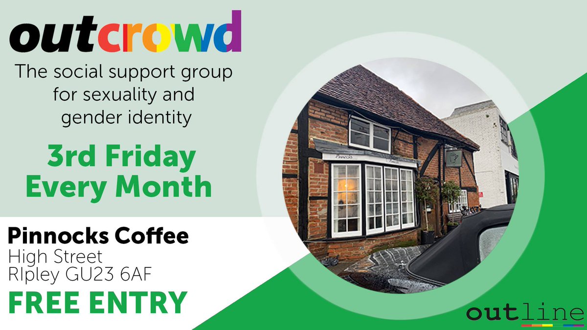 Outlinesurrey's tweet photo. #ComeOutWithUs Tonight (16th August) to Pinnock's Coffee House in Ripley, from 7.30 to 10pm.
Please note that there is limited accessibility due to stairs into the venue.
#Outcrowd #OutcrowdPinnocks #LGBT+ #PinnocksCoffeeHouse #OutlineSurrey #Outline https://t.co/ExkJoIJJib