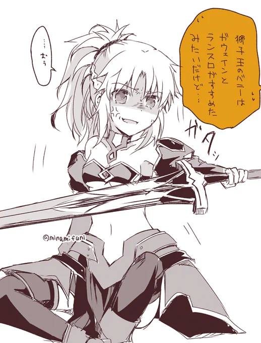 描きたいネタ沢山あるけどちょっと忙しいので落書きで。
バニー獅子王の交換所の台詞、モーさんが聞いたらブチキレそうだなって思ったんですけど、大丈夫なんですかね
#FGO 