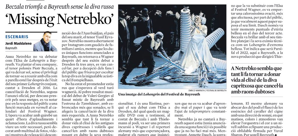JordiMadd's tweet photo. La #topdiva rusa @AnnaNetrebko canceló su #Elsa de #Lohengrin en el @WagnerFestival. Reposo por prescripción médica y un #instagram donde muestra sin filtros sus vacaciones por #Azerbaiyán. En #Bayreuth triunfó el binomio #Beczala/#Thielemann #Escenarios @LaVanguardia @CulturaLV https://t.co/QO2jX7QMBQ