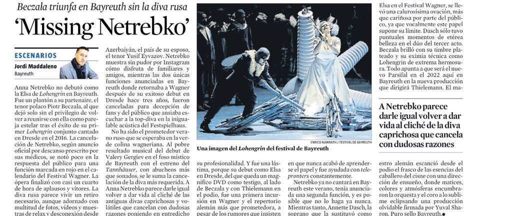 JordiMadd's tweet photo. La #topdiva rusa @AnnaNetrebko canceló su #Elsa de #Lohengrin en el @WagnerFestival. Reposo por prescripción médica y un #instagram donde muestra sin filtros sus vacaciones por #Azerbaiyán. En #Bayreuth triunfó el binomio #Beczala/#Thielemann #Escenarios @LaVanguardia @CulturaLV https://t.co/QO2jX7QMBQ
