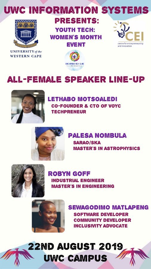 PeoyaP's tweet image. On the 22 August be sure to catch the @Peoyap 2019 Tech Fellows supporting the yearly UWC event #100 kids in #STEM  from Khayelitsha, Retreat, Athlone, Cross Roads, Langa etc in celebration of women&apos;s month. Follow them on @UWCFutureTech also partnering with @UnicefUwc
