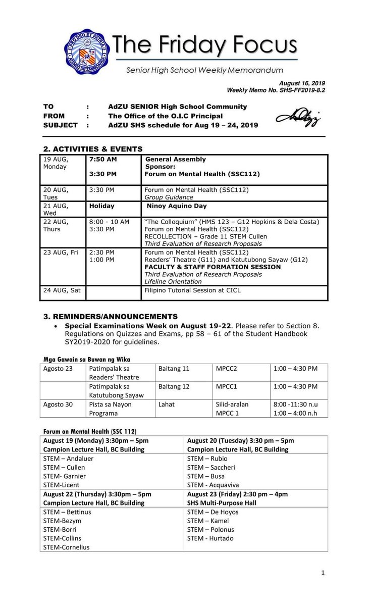 SHSOculus's tweet photo. HEADS UP!: Straight from the desk of School Principal Fr. Arnel Ong SJ, the Friday Focus serves as a reminder for events that will occur in the Ateneo de Zamboanga University - Senior High School weekly.
Here is the one for August 19 - 23, 2019.
Please be guided accordingly. https://t.co/PUjUFaUxsw