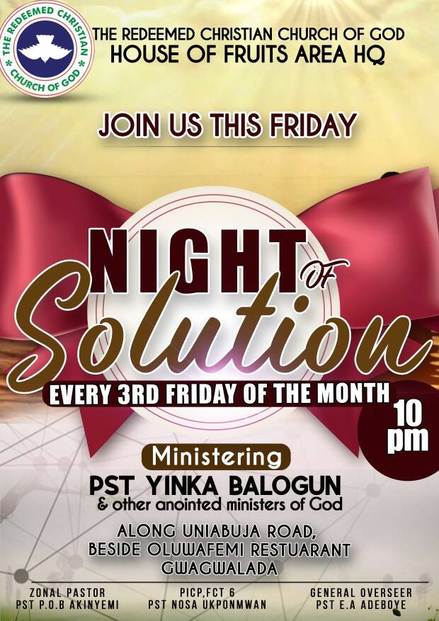 FruitsRccg's tweet photo. Hello Beloved, it's our "NIGHT OF SOLUTION" for August!, a Monthly General Vigil. you wont regret attending this! please make it a date today by 10pm @ RCCG, House of Fruits Area HQ [Beside Oluwafemi Restaurant, Phase 1, Gwagwalada]. We love and Celebrate you. #HOFMedia #Repost https://t.co/b20T0Ajl0f