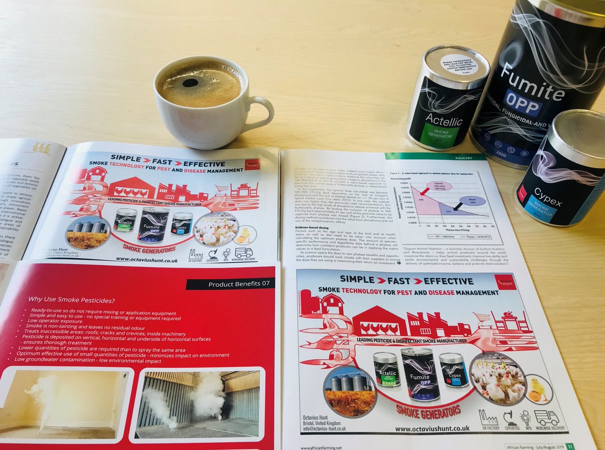 OctaviusHuntLtd's tweet photo. Starting our weekend on a great note...by indulging in a great coffee and reading the specialised magazines @AfricanFarming and @IPCmagazine where our #ads can also be found. 
#smokegenerators #disinfectants #pesticides #pestcontrol #agriculture #poultry #publichealth https://t.co/azEFl3NdaB