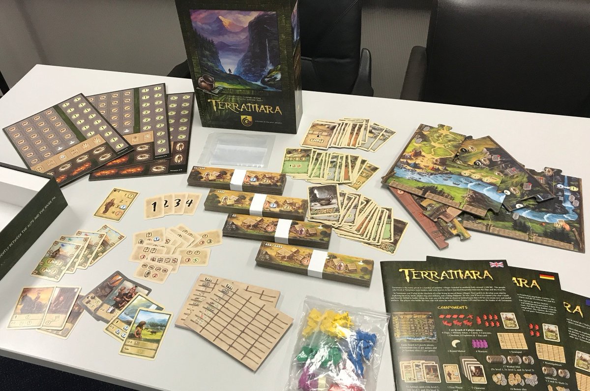 Quinedgames's tweet photo. The first production copy for Terramara arrived! Do you want to know more about its gameplay? Check out the excellent first impressions video by Man Vs Meeple: https://t.co/sciZ1tyhyg https://t.co/7LhVxdnidk