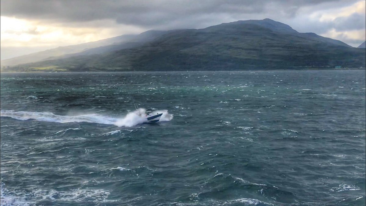BaskingSharkSco's tweet photo. Logistics always hard in our peak season. Boats have to do the 80mile round trip to #oban for servicing and back out early for the next day! This is cam heading out early morning during windy weather yesterday in the sound of #mull #boat #teamredbay #argyll #Scotland https://t.co/dbJv9Kxw9I