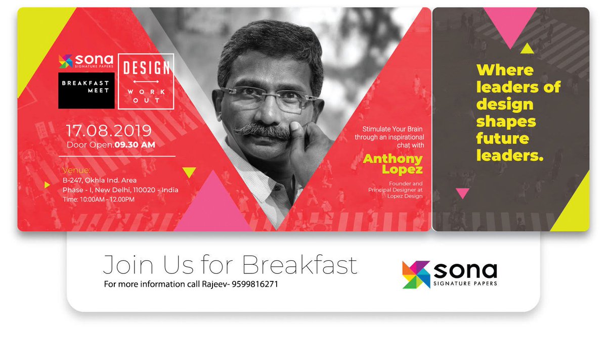 sonapapers's tweet photo. Anthony Lopez is Guest speaker at "Design Workout-Breakfast Meet"- a Sona Papers initiative, on 17th August, 2019 from 10:00 a.m. onward. Watch out this space for more updates...
#sonapapers #designworkout #breakfastwithdesigner #finepapers #designer #graphicdesigners https://t.co/qlcRffiK3x