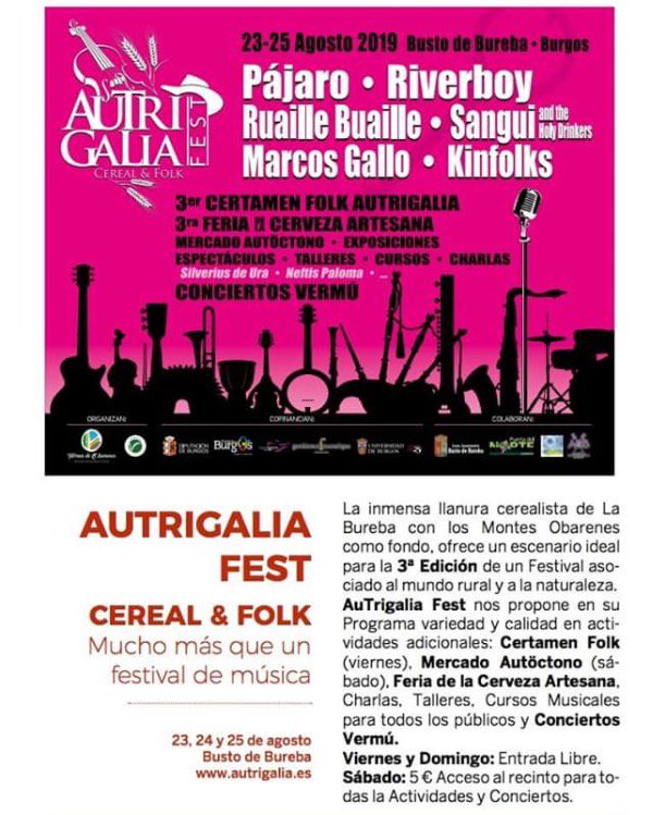 En siete días vuelta al escenario. Servidor estará el viernes de 20.30h a 21.30h en el maravilloso <a href="/AutrigaliaFest/">AuTrigalia Fest</a> de Busto de Bureba, en Burgos. 
Muchos amigos por el cartel.
Ganas.