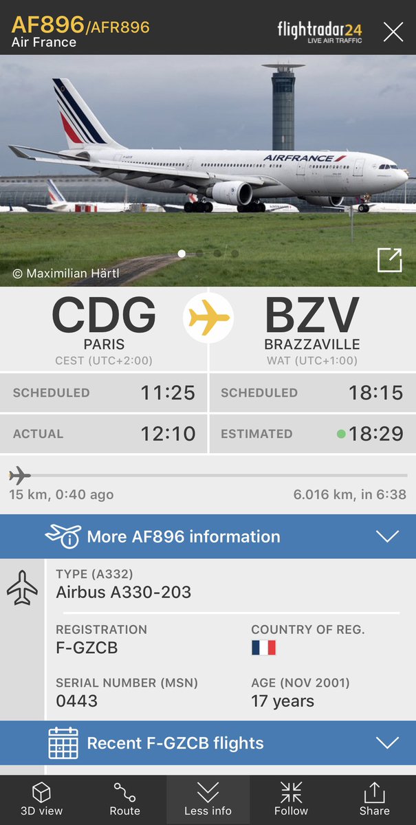 FlightIntl's tweet photo. Air France flight #AF896 from Paris (CDG) to Brazzaville (BZV) is squawking 7700 (general emergency) and returning to Paris - reason currently unknown https://t.co/B2ARPuTqb0 https://t.co/86tMEXABVm