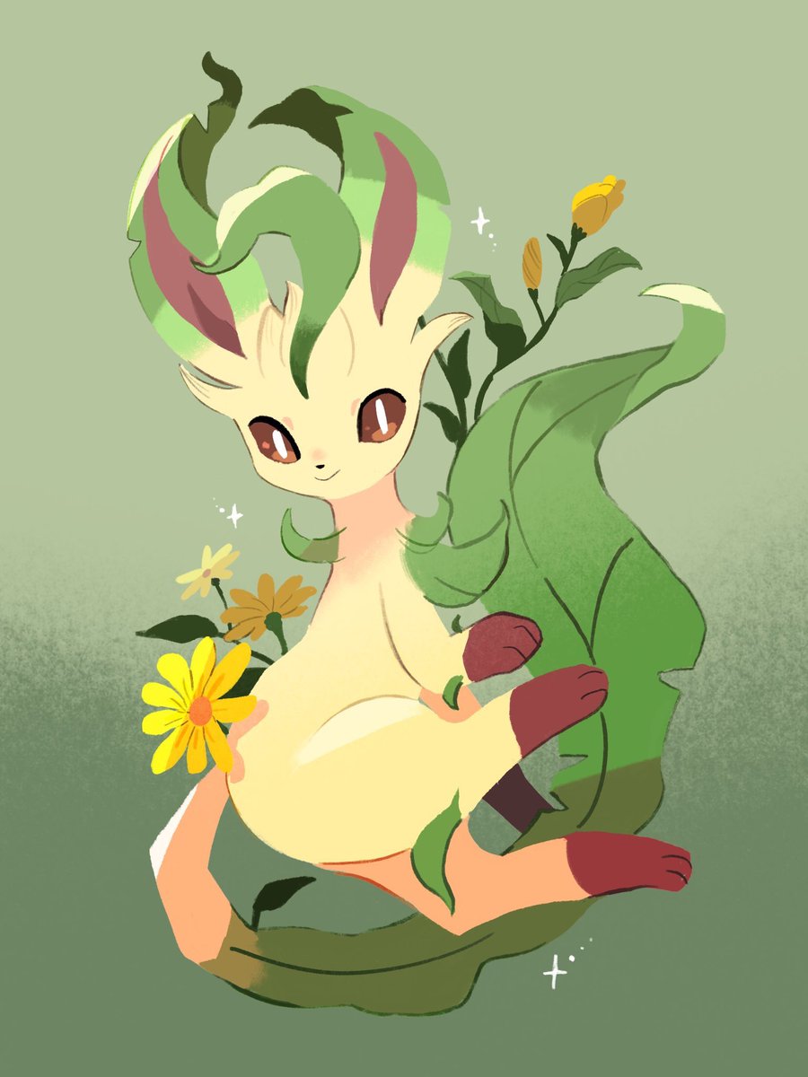 leafeon pokemon (creature) no humans solo flower smile yellow flower brown eyes  illustration images
