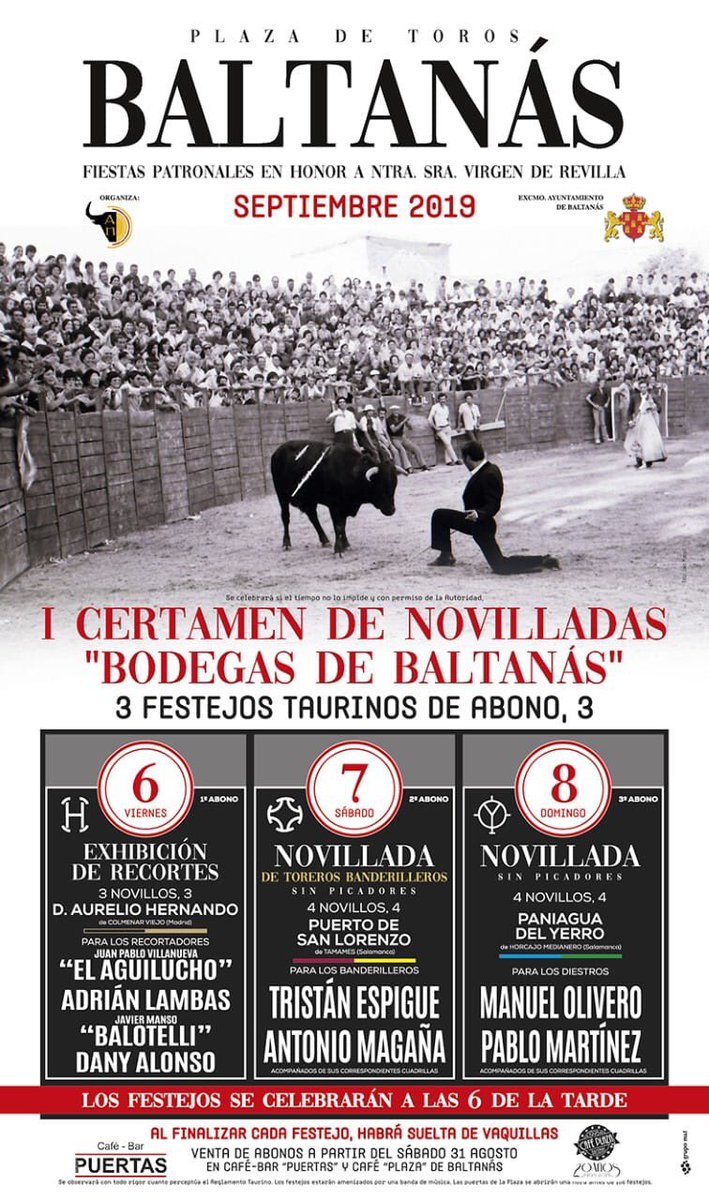 torosdepalencia's tweet photo. 🤘TOROS en BALTANÁS🤘

Recortes y I Certamen de Novilladas sin Picadores de "Bodegas de Baltanás" del 6 al 8 de Septiembre. https://t.co/DLcYzWytEm