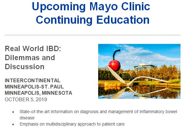 MayoClinicGIHep's tweet photo. Register Now for the @MayoClinic Real World IBD: Dilemmas and Discussion 2019. Come learn state-of-the-art information on diagnostics and management of IBD with emphasis on a multidisciplinary approach to patient care. https://t.co/NGL2yywtdo https://t.co/0eM4R54nOU