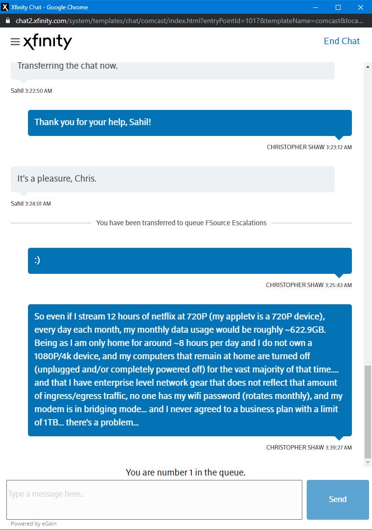 zeroego's tweet image. @Xfinity See a problem here? I have a BUSINESS account. I’ve been waiting for over 3 hours via phone, chat and email. have had a range of excuses varying from “you’ve been phished” to “you agreed to limit”. Not to mention the nightly outages and missed SLA’s.