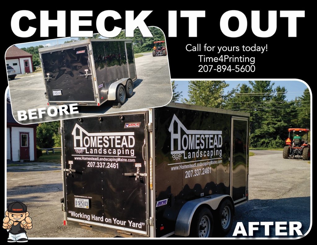 Time4Printing's tweet image. Take advantage of that trailer with some advertising using your trailer as a mobile sign. Check out the lettering we just did for Homestead Landscaping. Schedule your trailer today - 207-894-5600. #time4printing #trailergraphics