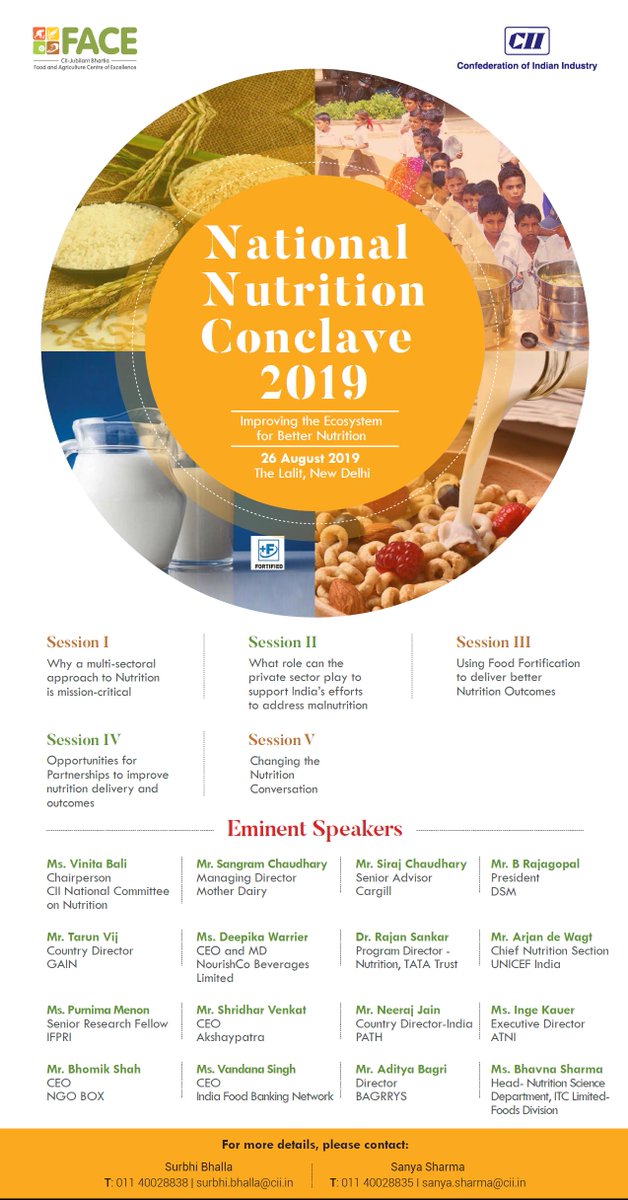 .<a href="/cii_face/">CII Food & Agriculture Centre of Excellence</a> is happy to announce Nat'l Nutritional Conclave 2019, scheduled for 26 Aug at Delhi. The conclave is themed as “Improving the Ecosystem for Better Nutrition” &amp; will see participation of eminent speakers from the diverse food industry. Join us! bit.ly/2OZW2ua