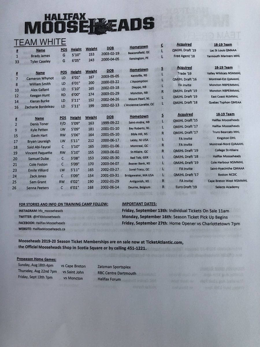 HFXMooseheads's tweet photo. Green vs White intra-squad games today at 9am & 4pm. Cam Whynot is sick and will not play. Justin Fernet moves to Team White and will wear #6. #MooseCamp #GoMooseGo https://t.co/3zUjGuUr7r