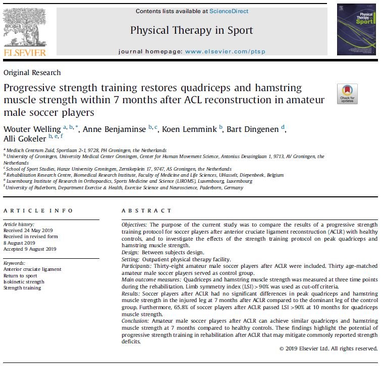 BartDingenen's tweet photo. 🆕 Study published @PTiSJournal !

Progressive strength training after ACL reconstruction

👉 Stop underloading
👉 Implement strength training at higher intensities during rehab
👉 Rehab quality is KEY

Thanks @wouter_welling @AlliGokeler @AnneBenjaminse 

https://t.co/jq1cmgLpma https://t.co/HvKIEZ1J8K