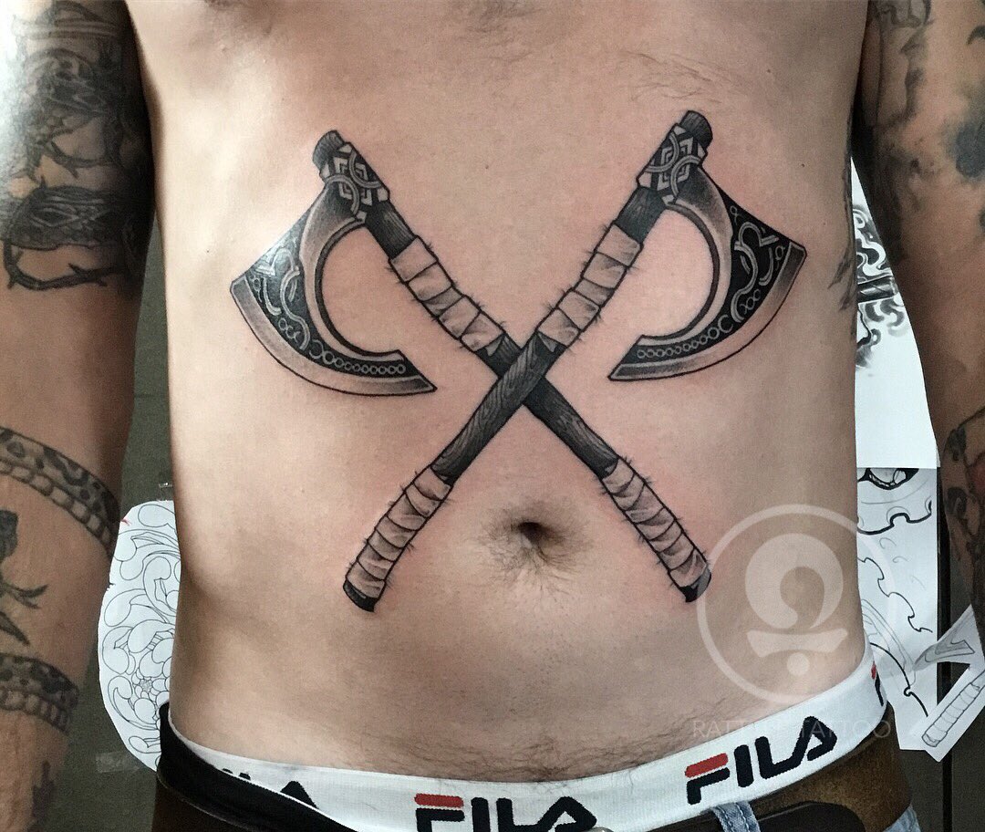 Crossed Axes with Upside Down Crown  Quick Temporary Tattoos