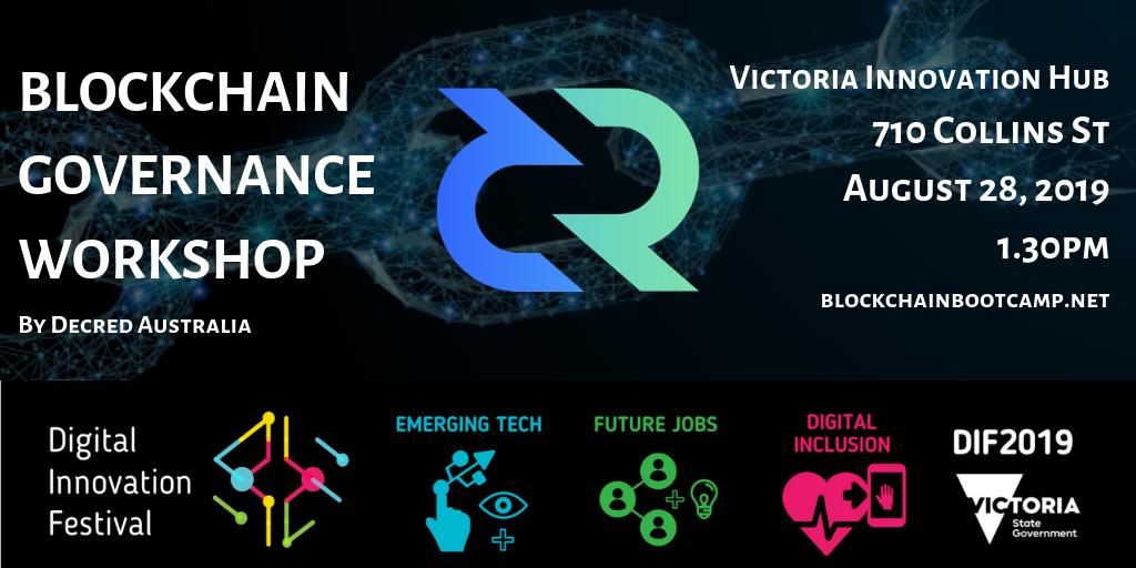 DecredAustralia's tweet photo. We'll be at #BCBootcamp for @difvic running a blockchain governance workshop! Super stoked for this and excited to join the likes of @BlockchainCTR, @launchvic and @stoneandchalk! Join us here: https://t.co/Avg0I5le2j https://t.co/wncOVTfJFW