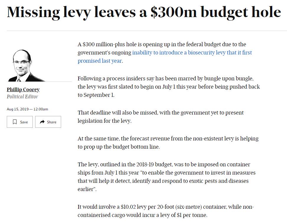 A $300 million-plus hole is opening up in federal #budget due to #LNP govt's ongoing inability to introduce a #biosecuritylevy that it first promised last year.

afr.com/politics/feder… #LNPTaxes

outline.com/qBLvM3

#LNPFail #Agriculture #nswpol #wapol #qldpol #springst