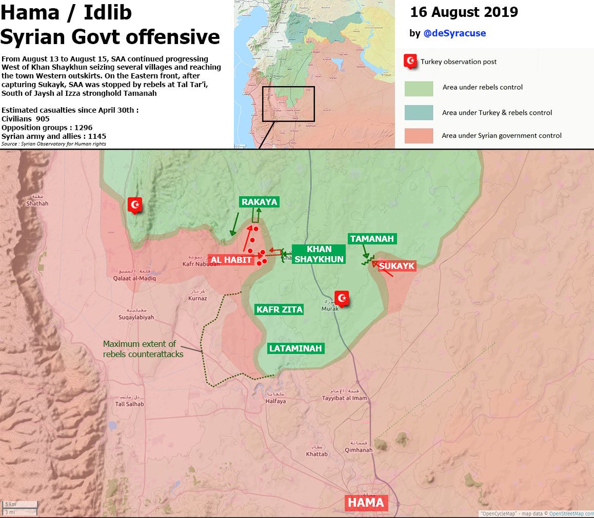 deSyracuse's tweet photo. #SyMap 13-15 Aug. Syrian Army reaches Khan Shaykhun Western outskirts. East of the town, Rebels oppose strong resistance in Tall Ta'ir. #SAA #HTS #Hama #Idlib https://t.co/c4RNAwrCzI