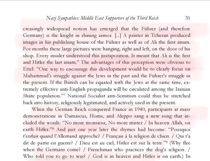 3/n A printer in Tehran produced Hitlers’s picture with Imam Ali. It depicted that Ali was first Imam while Hitler last.They compared Muhammad’s struggle against Jews with that of Hitler.In demonstrations at Damascus (1940), Aleppo sung: In heaven Allah, on earth Hitler.Pg31