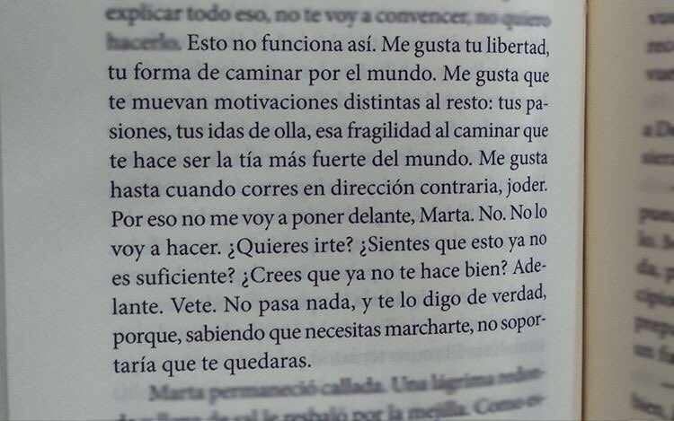“Esto no funciona así. Me gusta tú libertad, tu forma de caminar por el mundo. Me gusta que te muevan motivaciones distintas al resto: tus pasiones, tus idas de olla, esa fragilidad al caminar que te hacer ser la...”
Libro: Días sin ti
Autor: <a href="/elvirasastre/">elvira sastre sanz</a> 
#cementeriodelibros