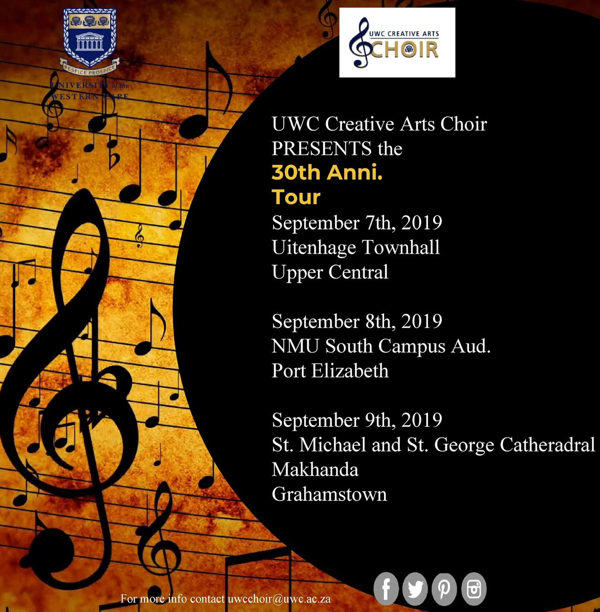 UWCArtsChoir's tweet photo. The World Choir Games Champions, The UWC Creative Arts Choir will be on tour . The “ 30th Anniversary “ tour commences in Uitenhage in September 2019 and will continue to Port Elizabeth finishing in Grahamstown . 
Ticket information will be made available soon. 
#UWCCAConTour https://t.co/6Jl08dHbOZ