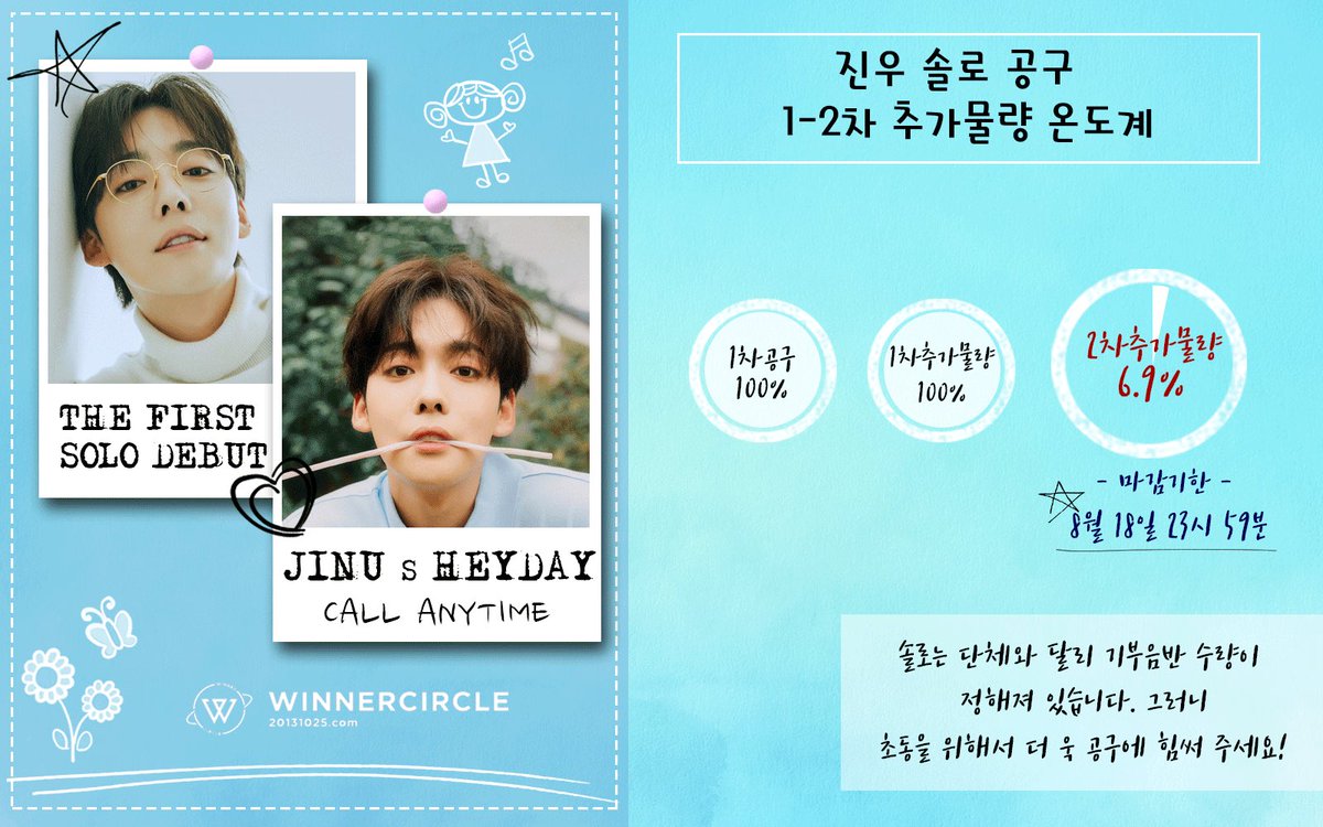 🐰 진우 솔로앨범 공구 1-2차 온도계 🐰
0816 6시기준 2차 추가물량 6.9%에 달성했습니다❗️ 1차 공구 기간은 8월 18일까지입니다! 공구는 다시 돌아오지 않습니다. 
얼른 공구에 참여해주세요💙