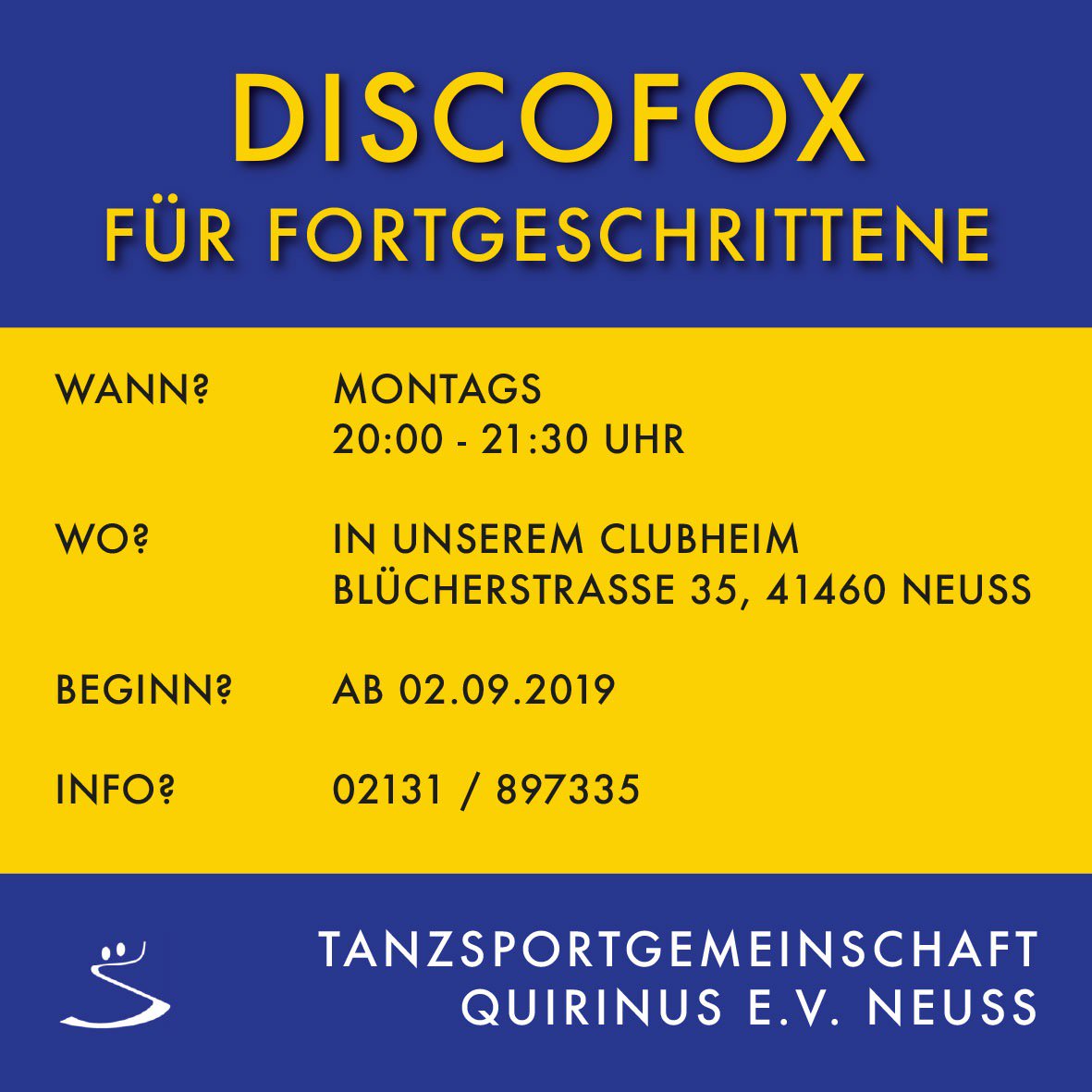 TsgNeuss's tweet photo. Ab dem 02.09.2019 Discofox für Fortgeschrittene bei der TSG Quirinus Neuss!
Wir freuen uns auf euren Besuch! 
#tanzen #neuss #discofox #tanzsport #tanzsportdeutschland #dancesport #tsgquirinus  (tb) https://t.co/LWJsXLCXcM
