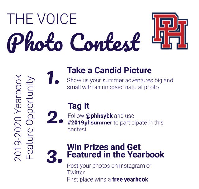 PatriotsPhhs's tweet photo. Photo Contest! Want to be featured in this year's yearbook? Show the yearbook staff your summer photos by following the directions. Winners will be featured and can win other prizes! @phhsybk #PHamily #uniPHied https://t.co/g2VqbIT02C