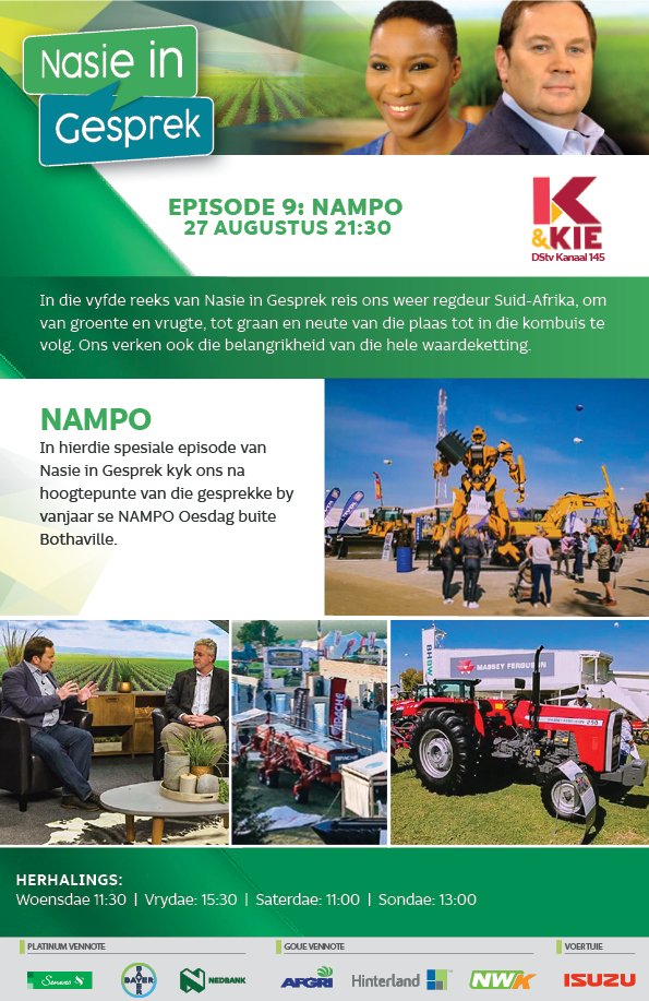 NationConverse's tweet photo. Tonight's episode of Nation in Conversation focuses on Nampo. Watch it tonight on kykNET &amp; kie at 21:30. #NiC2019 @SENWES @Bayer4Crops_SA @Nedbank @AFGRI1 @Hinterland_SA @NWK_Group https://t.co/mUePEva4cw