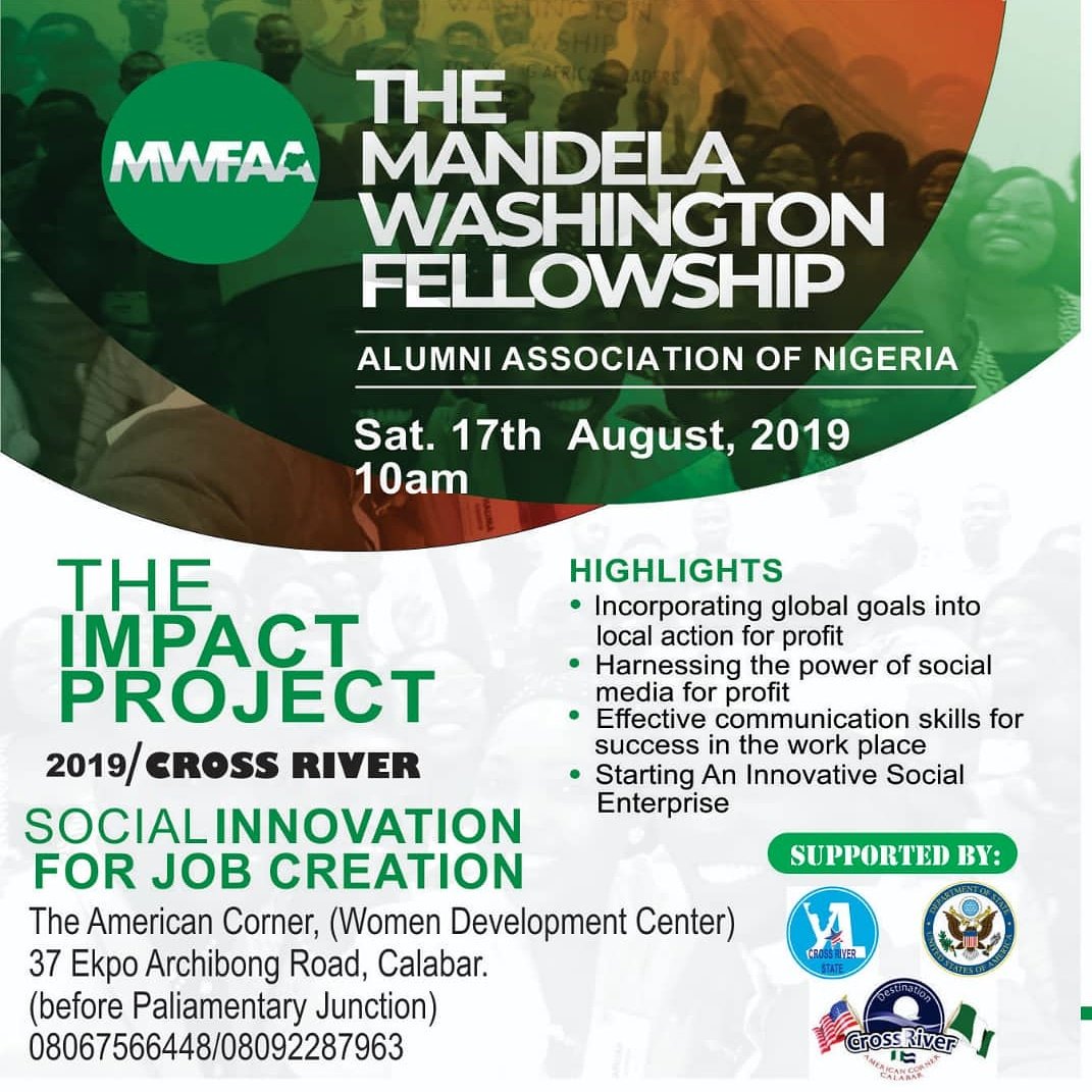 Yalicrossriver's tweet photo. Create the change your society needs.
Be the change your society deserves.
Attend the #YALIcrossriver Official Launch tagged "Social Innovation for Job Creation" on Saturday, August 17th, 2019.
Register via link: https://t.co/XQxN40sRRA
#TIPcrossriver #YALICRSLaunch2019 https://t.co/AKCRovQVOX