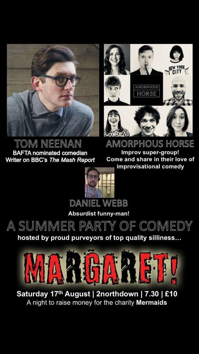 I’m performing with my #improv team <a href="/AmorphousHorse/">Amorphous Horse</a> in this #comedy show tomorrow night <a href="/2Northdown/">2Northdown</a>, hosted by <a href="/MargaretImprov/">Margaret!</a> Profits go to great #charity <a href="/Mermaids_Gender/">Mermaids</a> Featuring a talented guest line-up including comedians @TNeenan &amp; Daniel Webb. facebook.com/events/1349696…