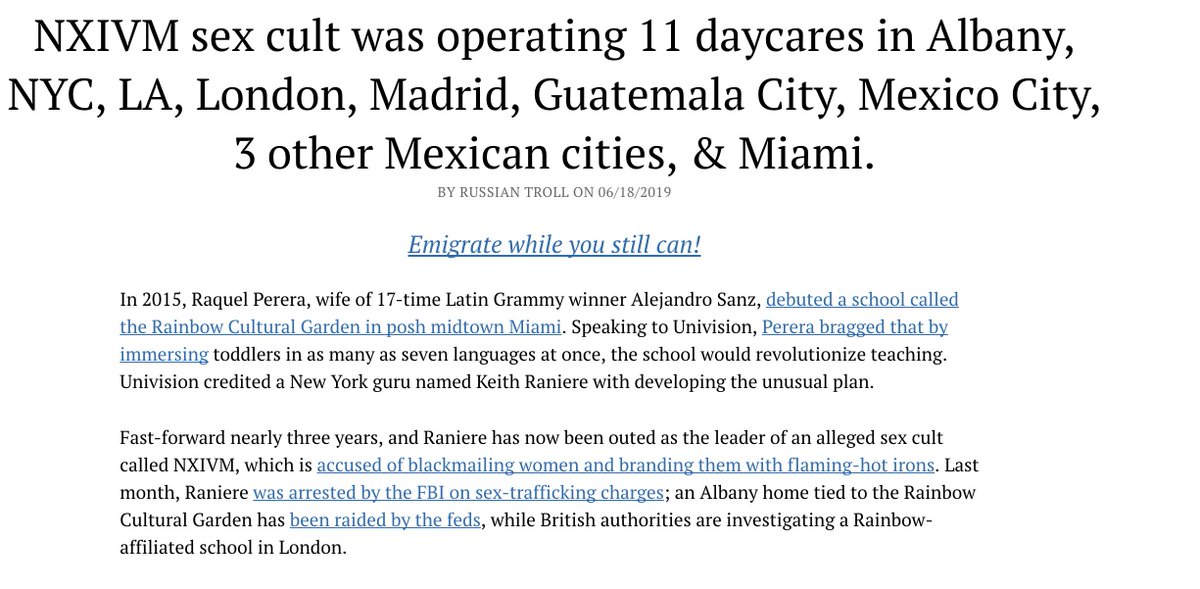 The actual charges brought against the cult involve CHILD sex trafficking as well.Maybe that's why they were running 11 DAYCARES IN NYOh, and of course the organization has DEEP ties with the Clintons and other powerful figures, like presidential candidate Kirsten Gillibrand