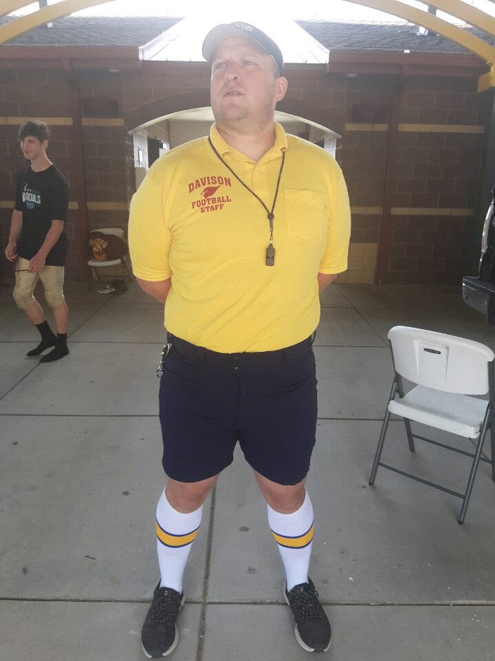 DavCardFootball's tweet photo. Jv Coach and Davison Football Alum Corey Miller ready for the first day of full pads with a very strong wardrobe! #throwback #postingup https://t.co/gRgWylbVKP
