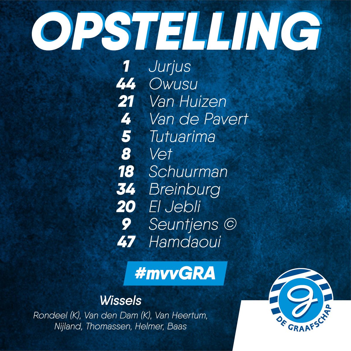 DeGraafschap's tweet photo. De opstelling van De Graafschap voor het eerste uitduel van dit seizoen... Deze namen gaan de strijd aan met MVV Maastricht! 👊

#mvvGRA 🔵⚪ https://t.co/V0uMwTJz5X