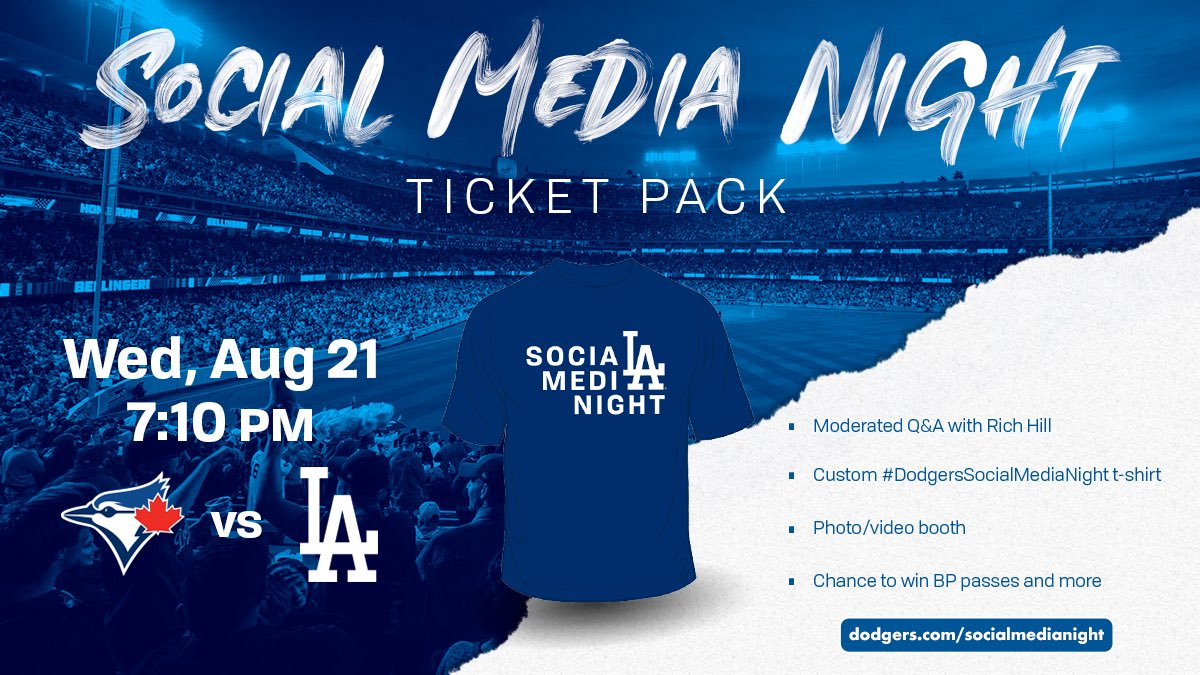 Dodgers's tweet photo. Don’t miss #DodgersSocialMediaNight on 8/21! Get access to a pregame party, participate in a Q&amp;A with Rich Hill, catered dinner and a chance to win BP passes and shadow the social media team on the field! 

🎟: https://t.co/Z1Pv6Kq7y5 https://t.co/tjpESFA1KV