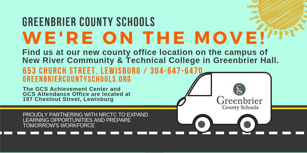 GBRschools's tweet photo. GCS is on the move! Our county admin. offices have  relocated to Lewisburg Campus of NRCTC.  GCS Attendance Office &amp; GCS Achievement Center are located @ our Chestnut Street location. Ready to go and looking forward to a great school year! #gcsonthemove  
#EducationCollaborative https://t.co/UaPcv0U5zM