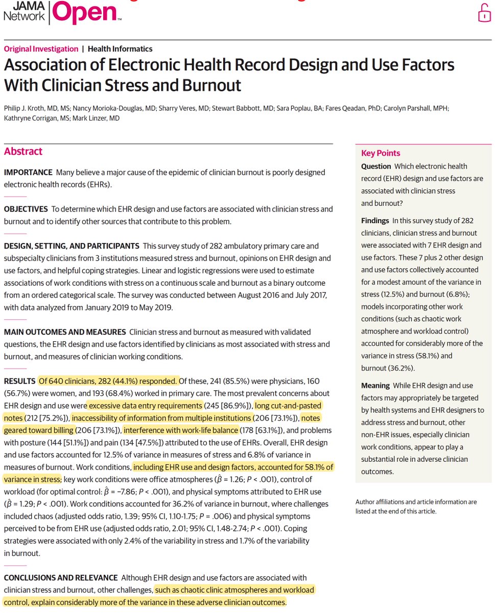 EricTopol's tweet photo. Quantifying the role of electronic health records for promoting physician #burnout and stress
https://t.co/iUObF1K64S @JAMANetworkOpen #EHR by @pkroth Nancy Morioka-Douglas @marklinzer and colleagues https://t.co/ZnJ1mRlcXK