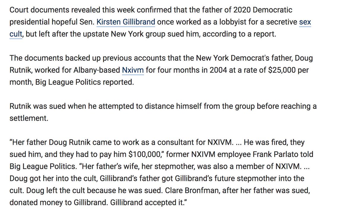 Not only did Hillary speak at the Bronfman family patriarch's funeral, singing his praises, it was revealed in court that the cult had made illegal donations to her 2016 campaign as wellOh, and as for Gillibrand, whos from Albany, her father just straight up worked for the cult