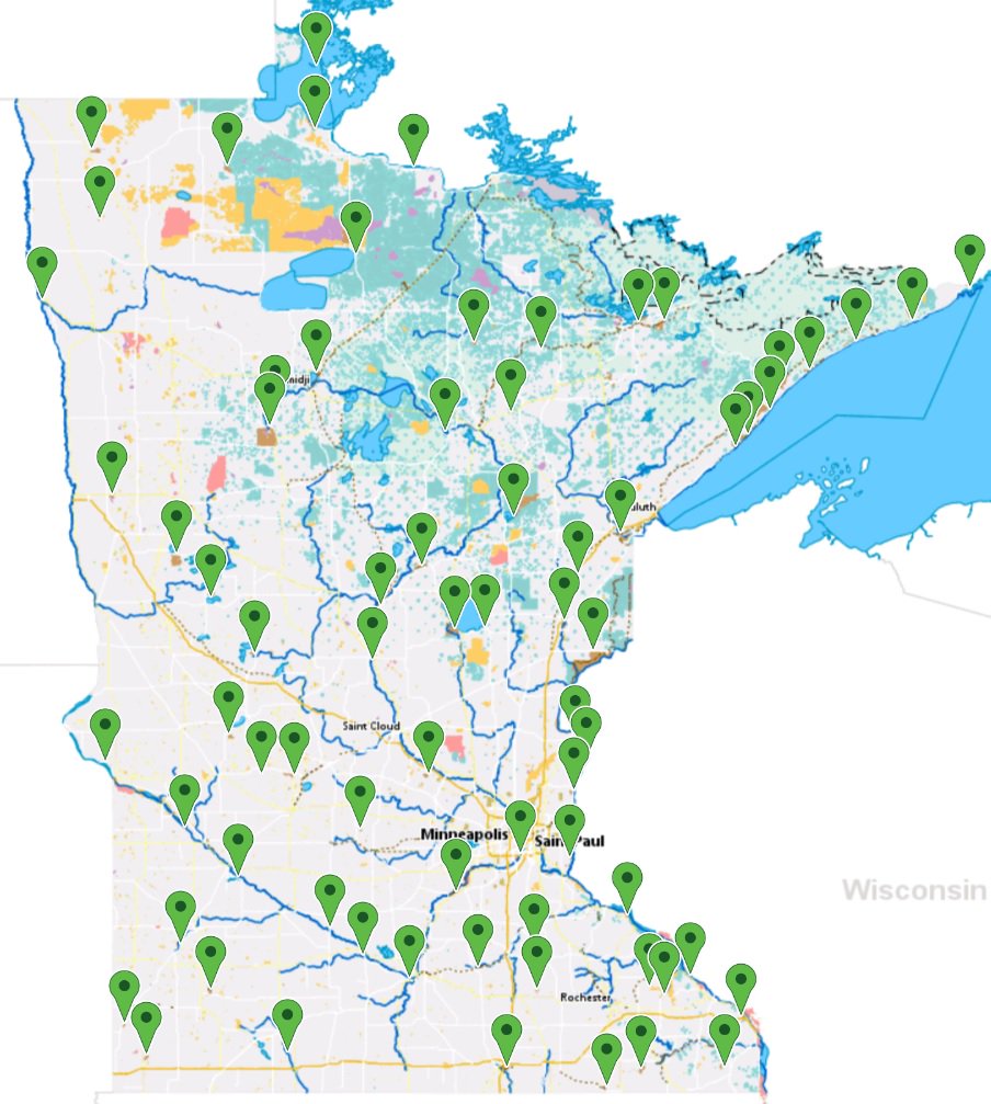 Hikefinder map showing places to hike in Minnesota.