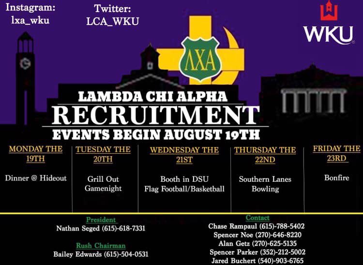 LXA_WKU's tweet photo. Join a True Brotherhood that lasts a lifetime! 
#RushLambdaChi #ChopsOnTop https://t.co/GQpOEcsAMT