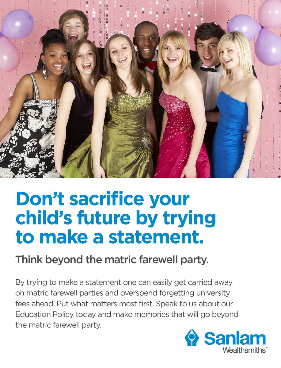 SanlamAllianzN's tweet photo. By trying to make a statement one can easily get carried away. Don't sacrifice your child's future by trying a statement this matric season.
Speak to us today, and let us help you create lasting memories.
#Wealthsmiths #Education #FinancialPlanning https://t.co/bkpgQmuaQg