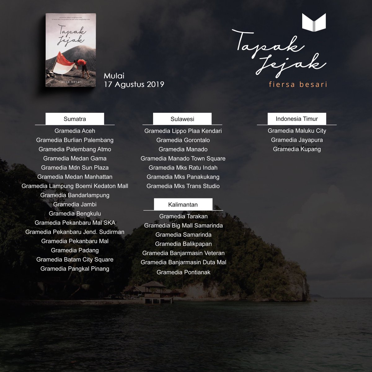 FiersaBesari's tweet photo. Tapak Jejak dapat dibeli di toko-toko buku yang tertera. Buku ini merupakan sekuel dari Arah Langkah, bercerita perihal perjalanan saya menyusuri Indonesia. Semoga bisa menemanimu bertualang hingga kembali pulang. Terima kasih, Dulur https://t.co/xX3wo2FDAz
